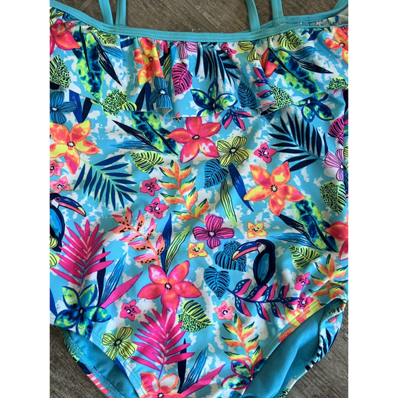 Girls 7/8 Blue Floral Toucan Ruffle Swimsuit One Piece Tropical Bathing Suit - Picture 3 of 5